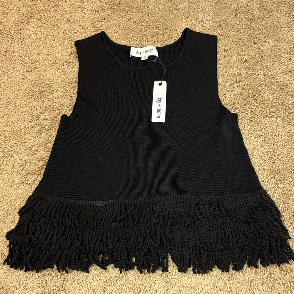 day + moon Black Fringe Knit Sleeveless Top